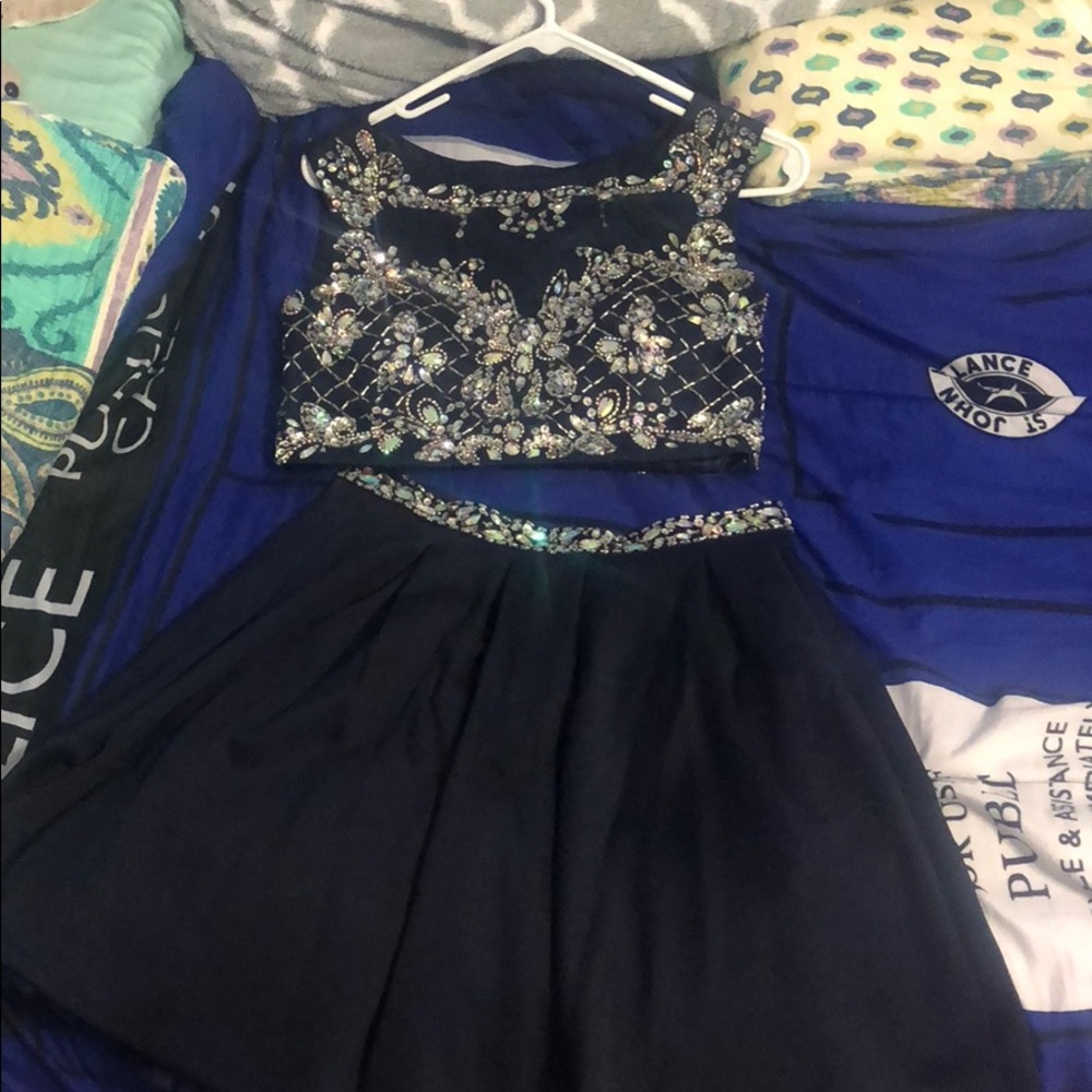 Two-piece, navy, beaded homecoming dress